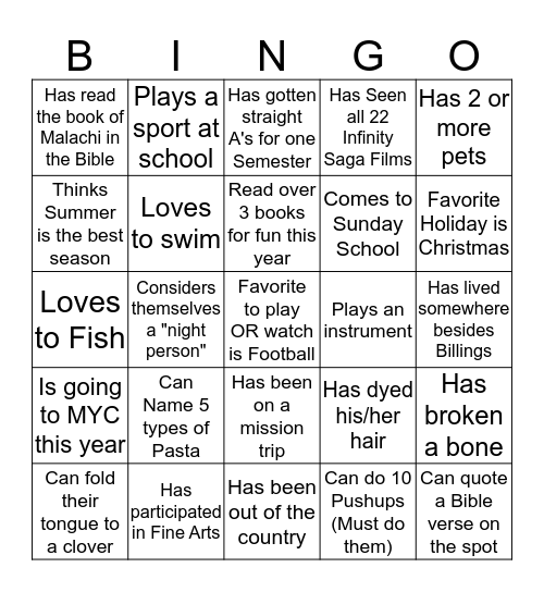 Get to Know You Bingo Card