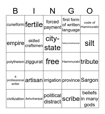 Mesopotamia Bingo Card