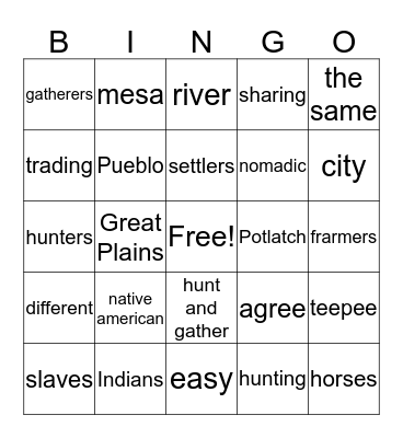 Native American Bingo Card