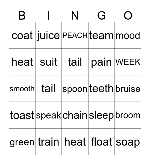 Word Study (ai, ee, oa, ea,oo, ui) Bingo Card
