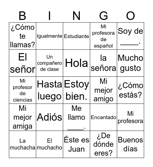 Exprésate 1A - Ch. 1-1 Vocab C (+ Review A & B) Bingo Card