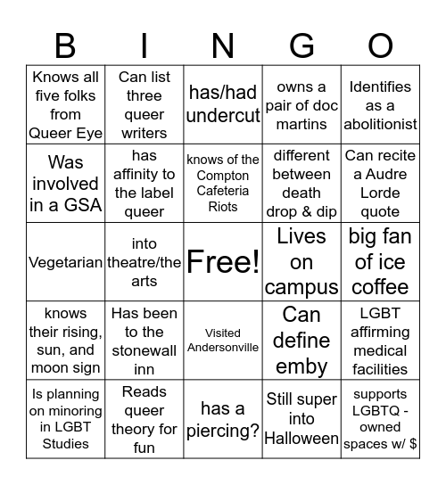Queer Bingo Card