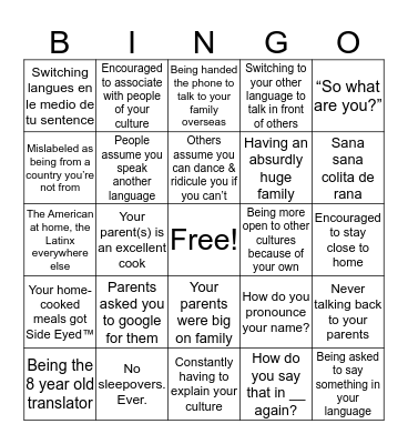Bicultural Bingo Card