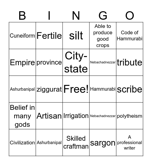 Mesopotamia Bingo Card