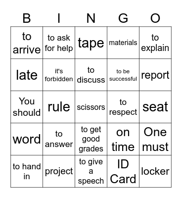 List 1A- To be successful in school Bingo Card