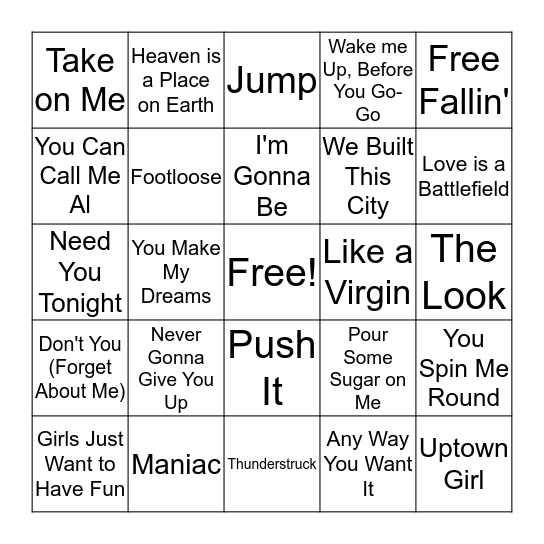 All out 80s Bingo Card