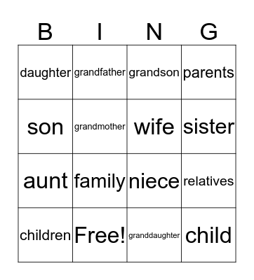 Family Members Bingo Card