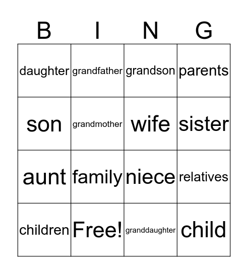 Family Members Bingo Card