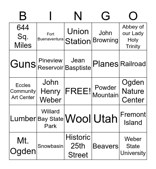 Weber County Bingo Card