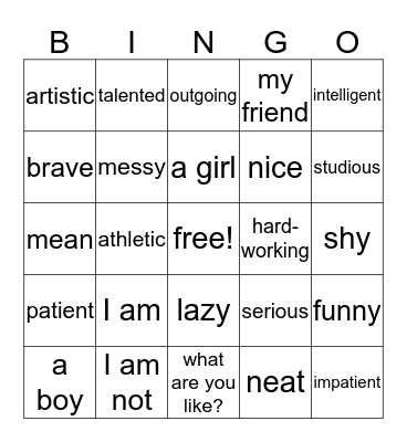 Personality Bingo Card