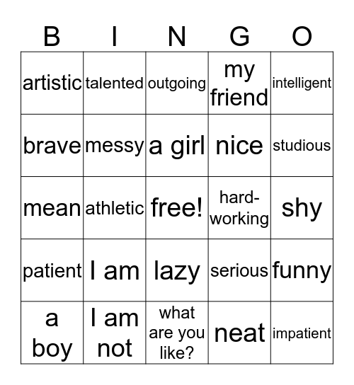 Personality Bingo Card