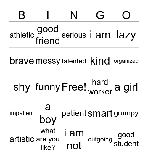 Personality Bingo Card