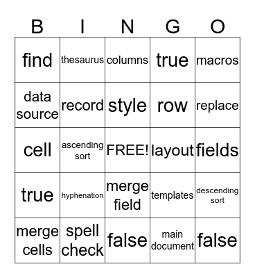 Word Processing Features Bingo Card