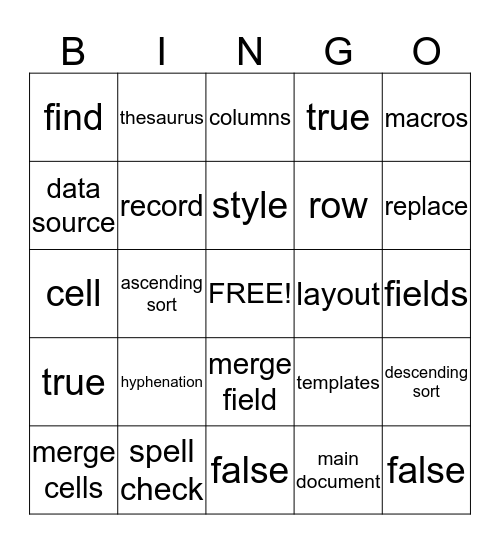 Word Processing Features Bingo Card