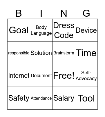 Vocabulary Bingo Card