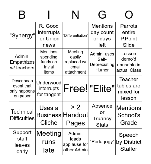 Wednesday Faculty Meeting Bingo Card