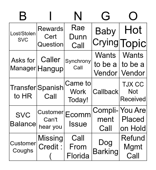 Customer Service Bingo Card