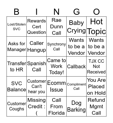 Customer Service Bingo Card