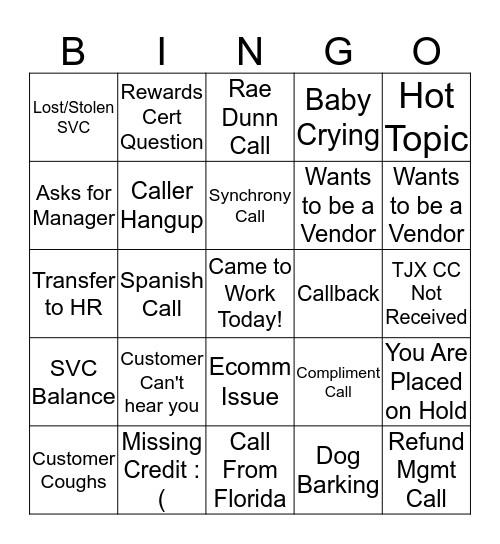 Customer Service Bingo Card