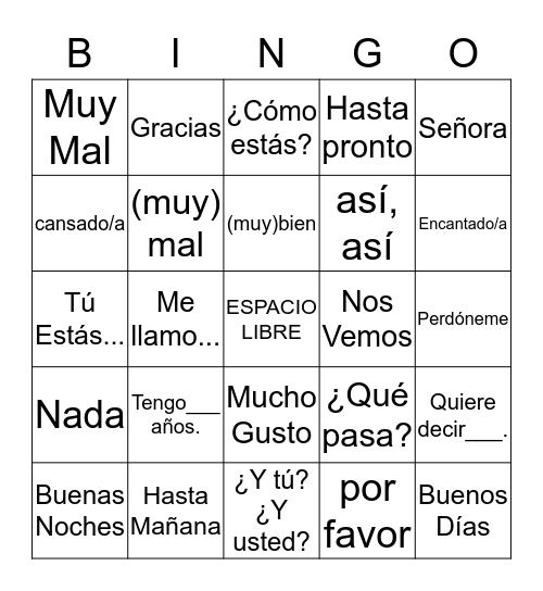 Vocabulario Básico Bingo Card