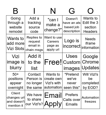 Vizi  Support Bingo Card