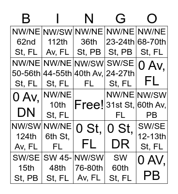 Street Equivilances Bingo Card