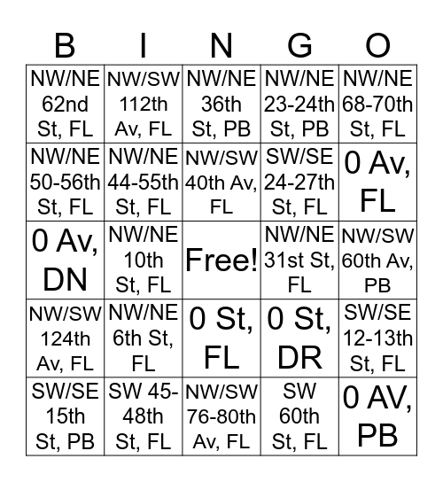 Street Equivilances Bingo Card