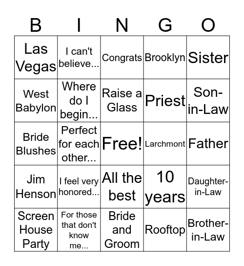 Wedding Speech Bingo! Bingo Card
