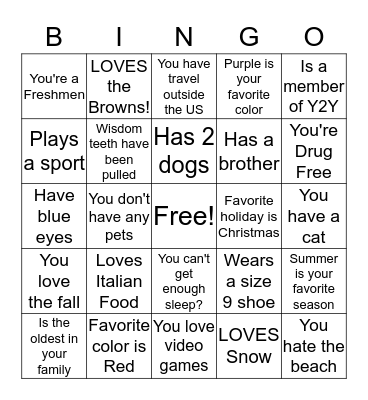 Y2Y Bingo Card