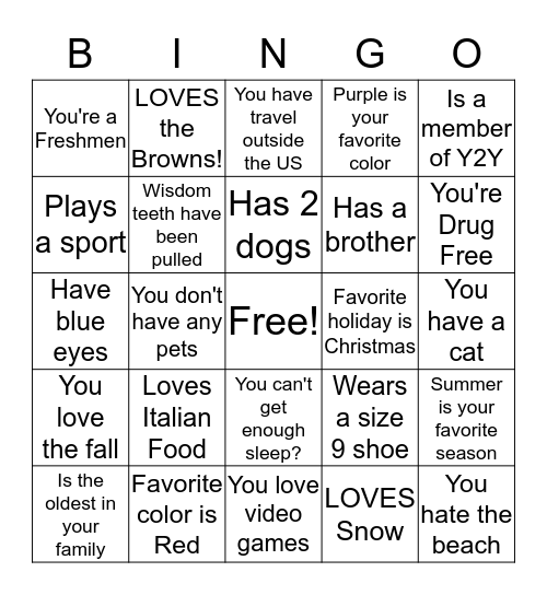 Y2Y Bingo Card