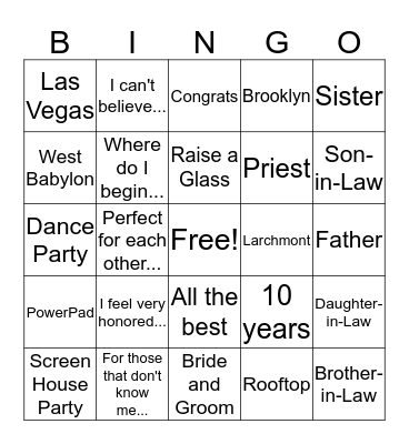 Wedding Speech Bingo! Bingo Card
