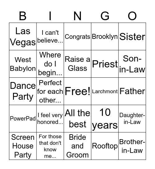 Wedding Speech Bingo! Bingo Card