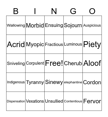 English Vocab P.5 Bingo Card