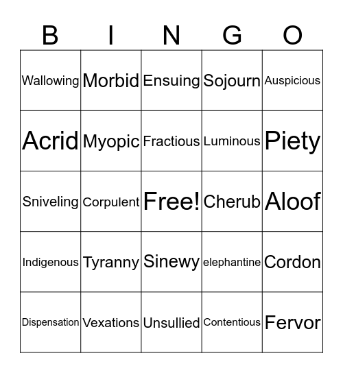 English Vocab P.5 Bingo Card