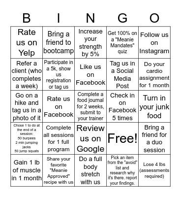 Meanies Fitness Bingo Card