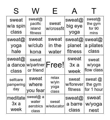 lululemon Kona get your sweat on Bingo Card