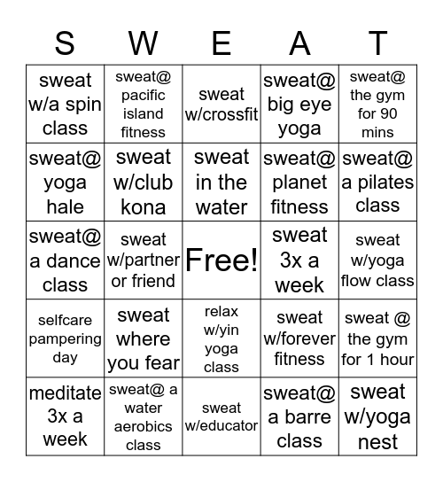 lululemon Kona get your sweat on Bingo Card