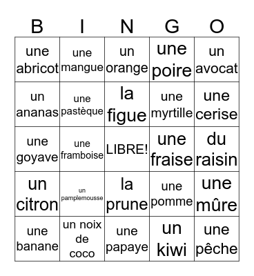 Les fruits Bingo Card