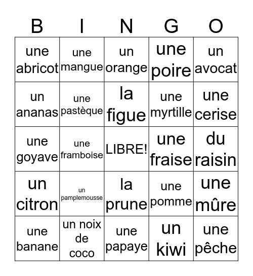 Les fruits Bingo Card