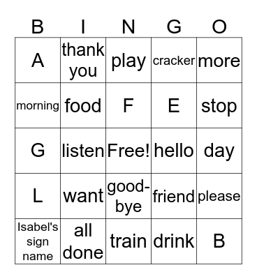 Common preschool words in ASL Bingo Card