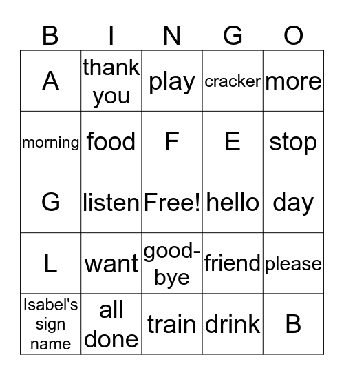 Common preschool words in ASL Bingo Card