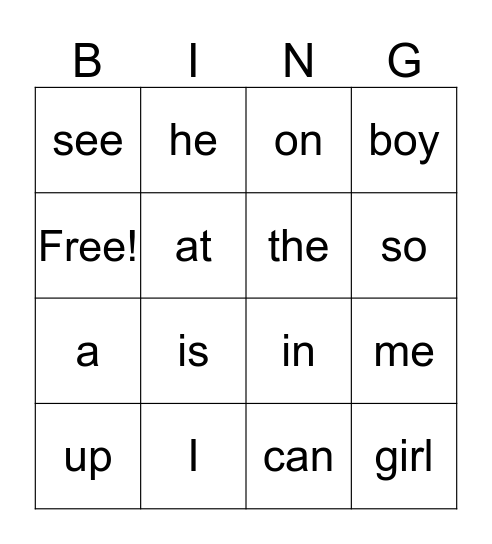 Sight Word List 1 Bingo Card
