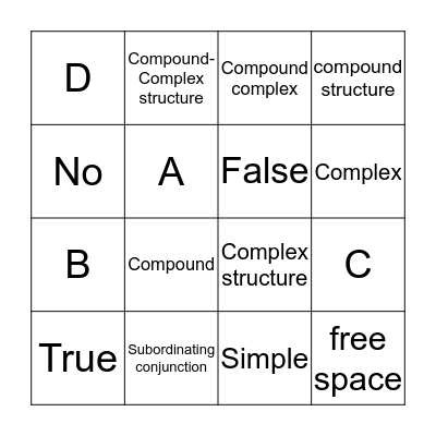 Sentence Structure Bingo Card