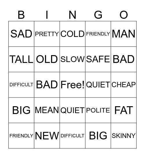 Opposites Bingo Card