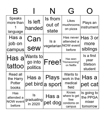 NOW Mingle BINGO Card