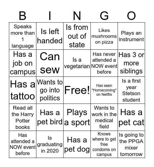 NOW Mingle BINGO Card