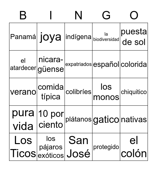 Costa Rica y Centroamérica Bingo Card