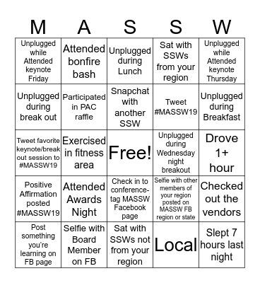 Unplug & Recharge #MASSW19 Bingo Card