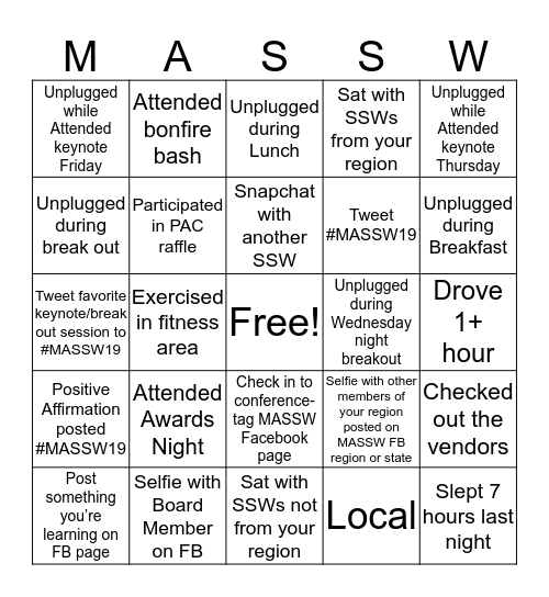 Unplug & Recharge #MASSW19 Bingo Card