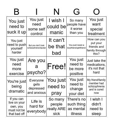Mental Illness Stigma Bingo Card
